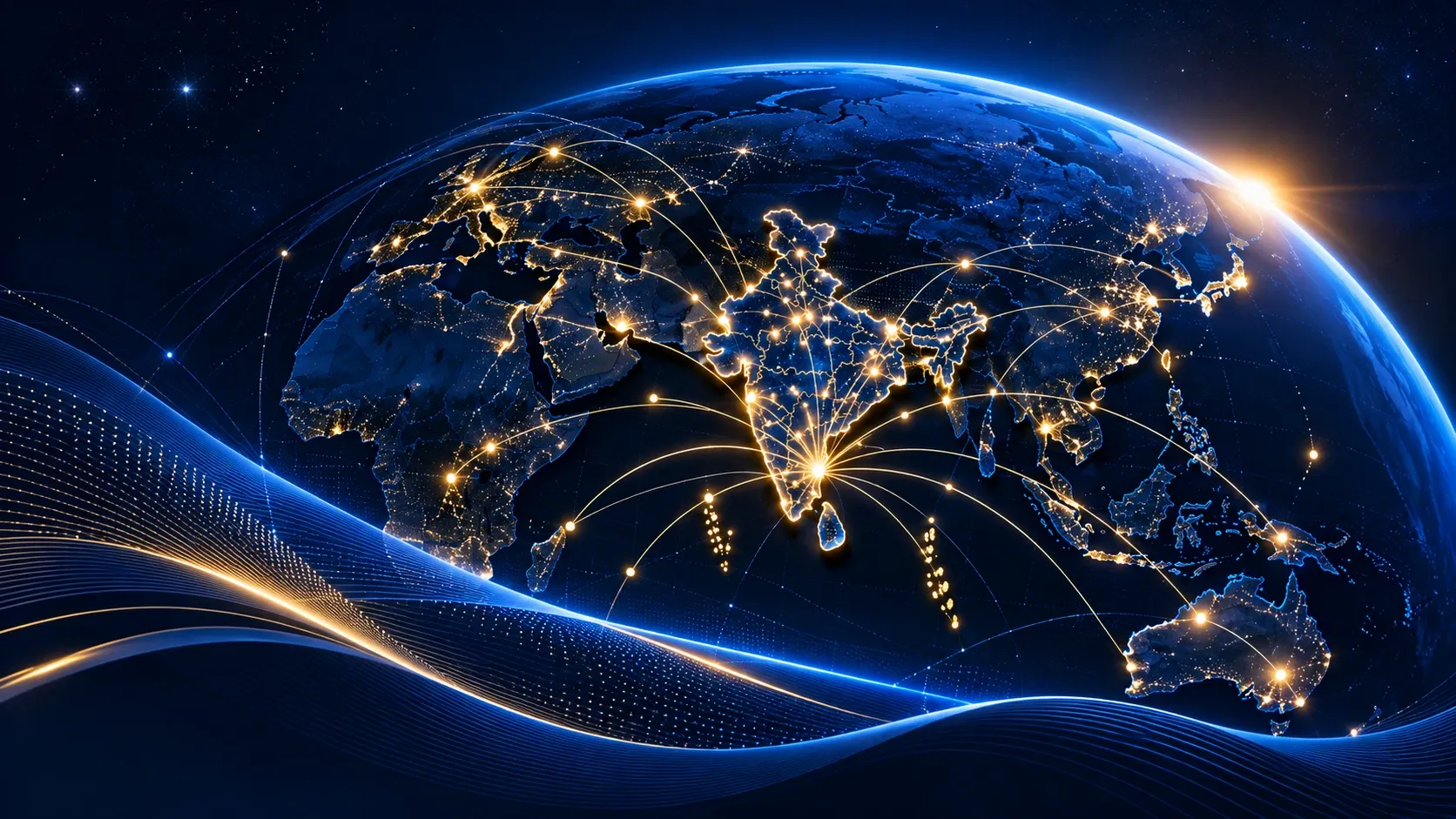 Stylised illustration of the Earth at night with glowing network connections linking cities worldwide, centred on India. Decorative artwork, not an official map.